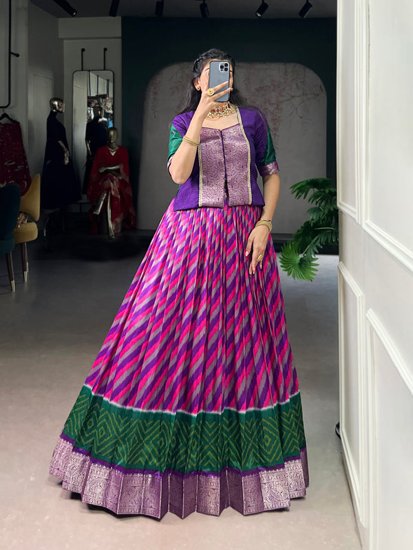 Purple Color Leheriya Print With Zari Weaving Work Tasar Silk Co-Ord Set