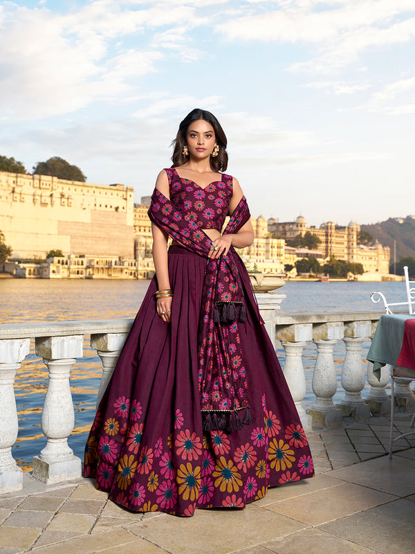 Wine Color Floral Print With Foil Work Tussar Silk Lehenga Choli
