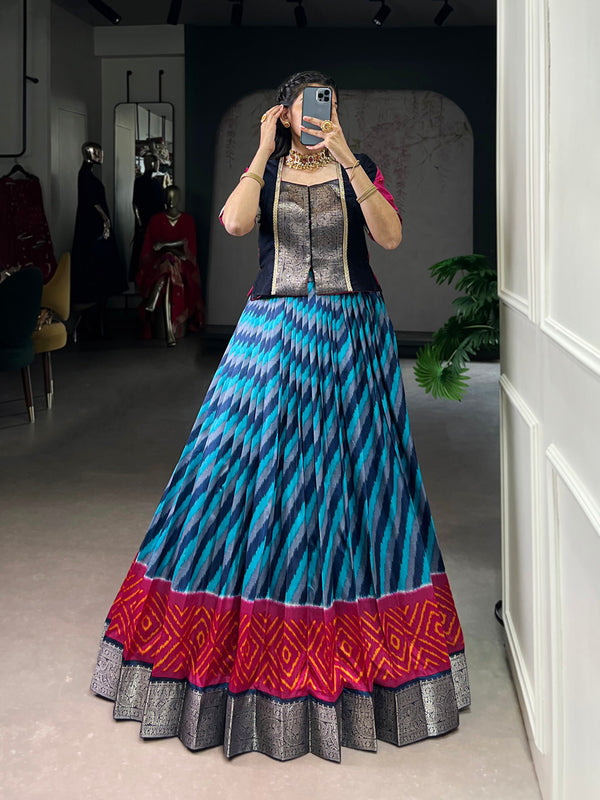 Firozi Color Leheriya Print With Zari Weaving Work Tasar Silk Co-Ord Set