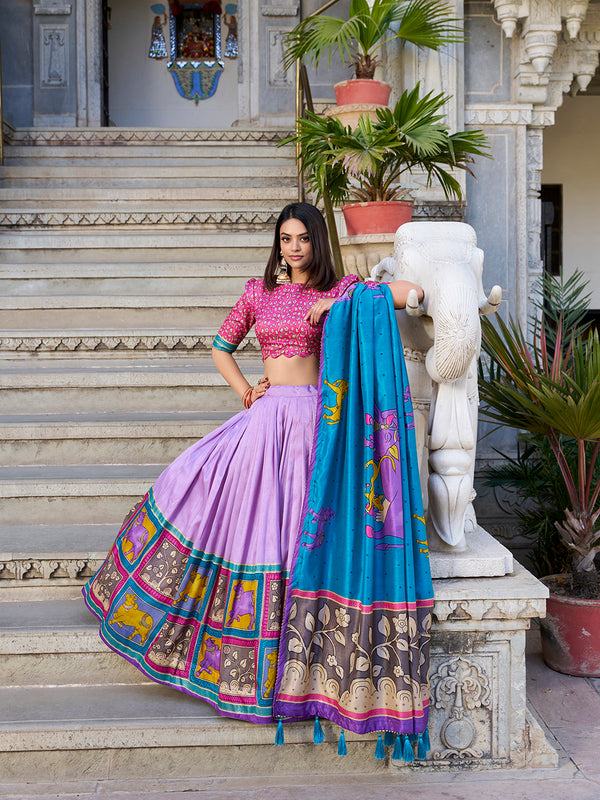 Lavender Color Kalamkari With Foil Work Tussar Silk Lehenga Choli