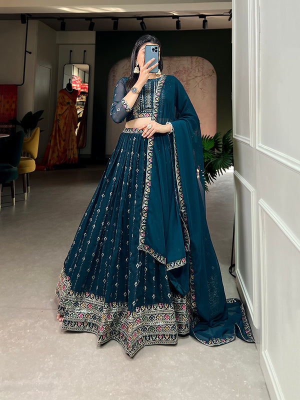Navy Blue Color Sequins And Thread Embroidery Work Georgette Lehenga Choli