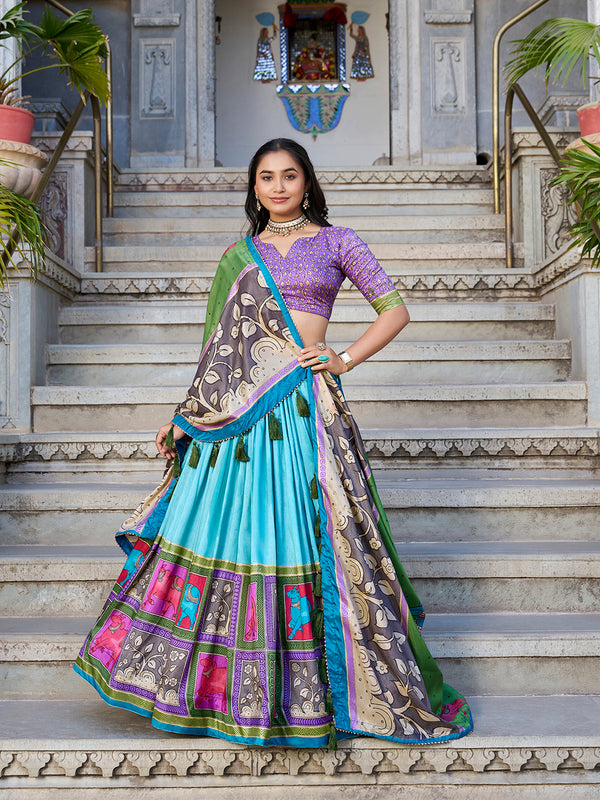 See Green Color Kalamkari With Foil Work Tussar Silk Lehenga Choli