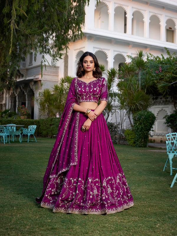 Wine Color Sequins And Thread Embroidery Work Vichitra Silk Lehenga Choli