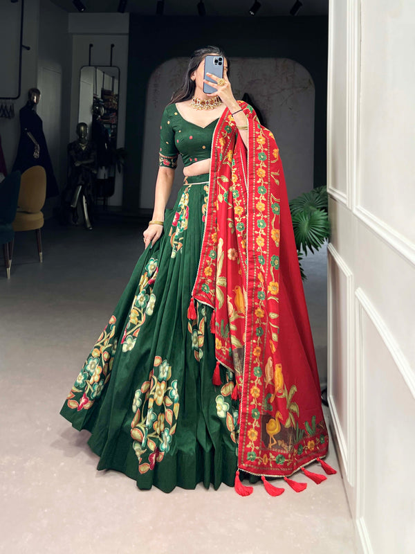 Green Color Printed And Foil Work Tussar Silk Lehenga Choli