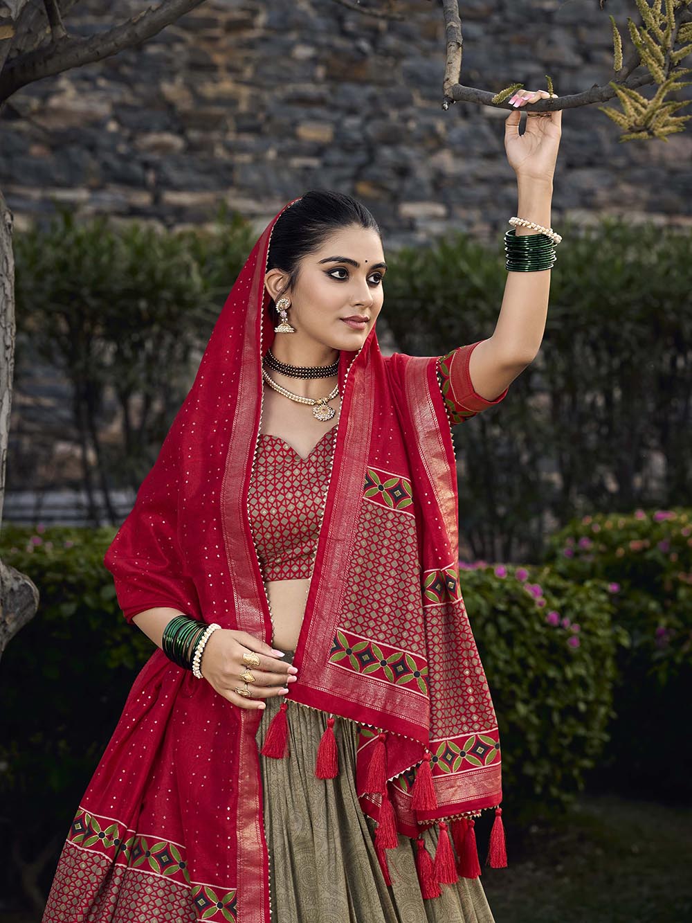 Mehandi Color Floral Print With Foil Print Tussar Silk Lehenga Choli ...
