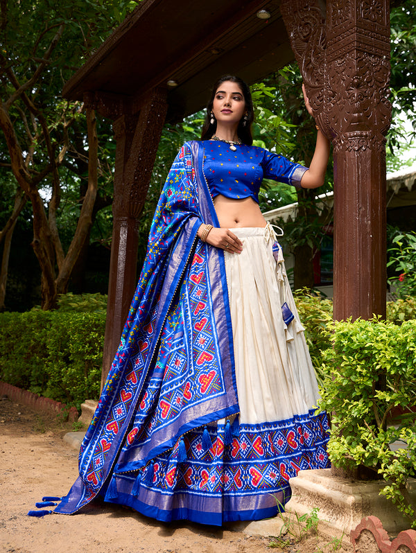 Royal Blue Color Patola Print With Tussar Silk Lehenga Choli