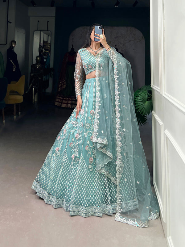 Pastel Blue Color Sequins And Thread Embroidery Work Net Lehenga Choli