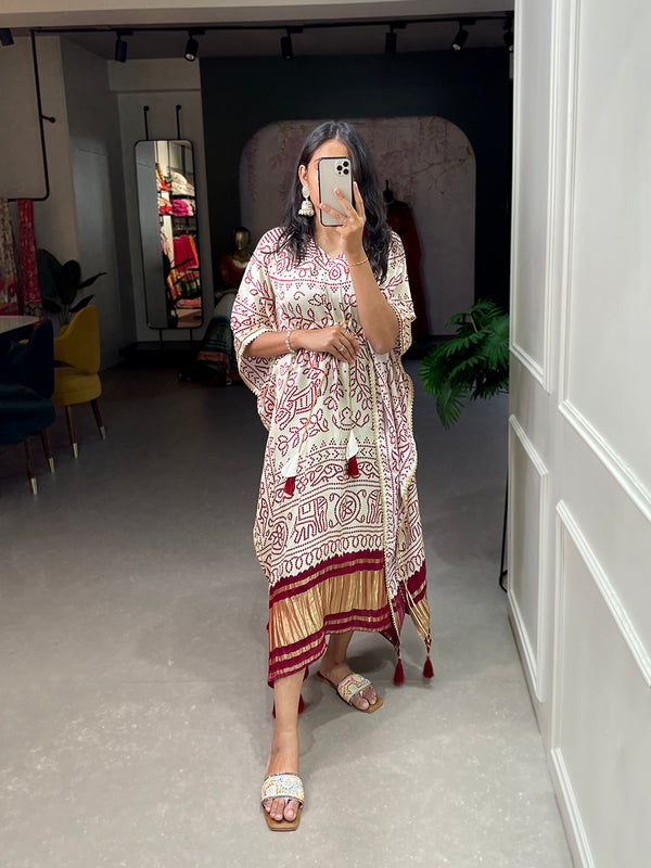 White Color Bandhej Print With Gotta Patti Lace Border Gaji Silk Kaftan
