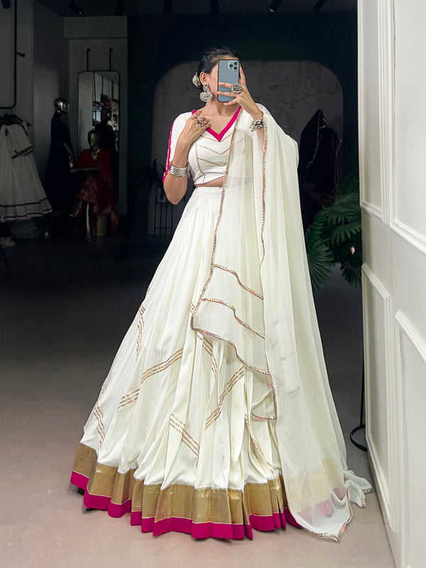 White Color Embossed design With Gotta Patti Lace Touch Up Rayon chaniya Choli