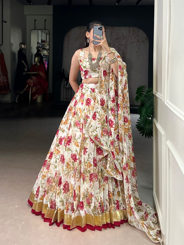White Color Floral And Foil Print With Embossed Design Ghaghra choli