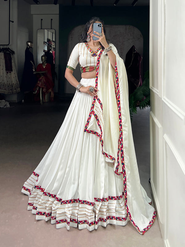 White Color Original Mirror Gamthi Work Rayon Chaniya Choli