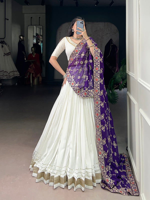 White Color Zari Weaving Work With Lace Touch Up Rayon Lehenga choli