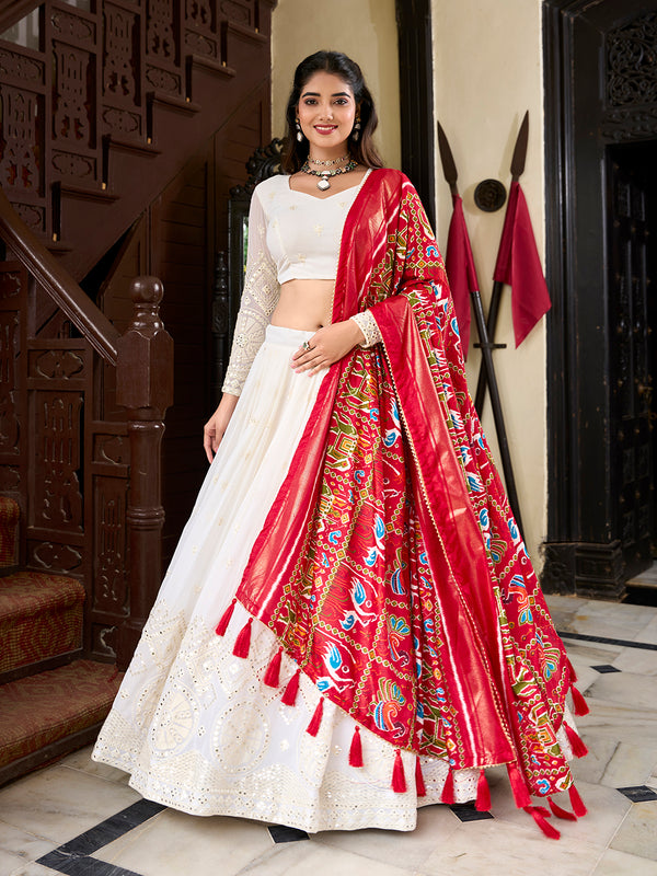 White Color Lucknowi Paper Mirror Work Georgette lehenga Choli