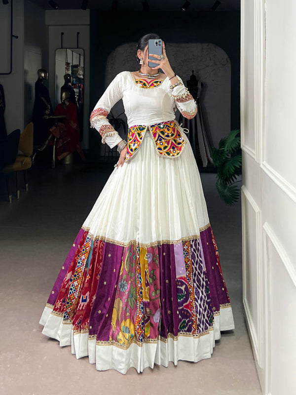 White Color Multi Patch With Lace Touch Up Rayon Chaniya Choli