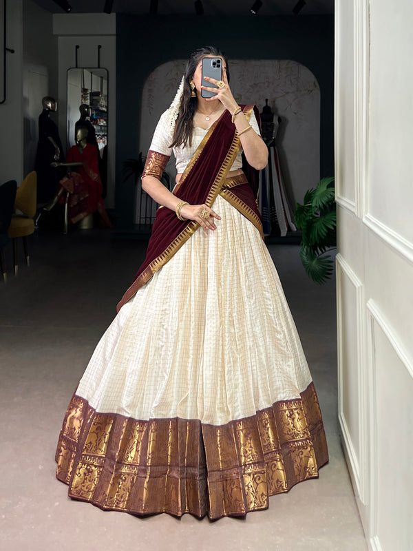 White Color Chex With Zari Weaving Work Poly Cotton Wedding Lehenga Choli