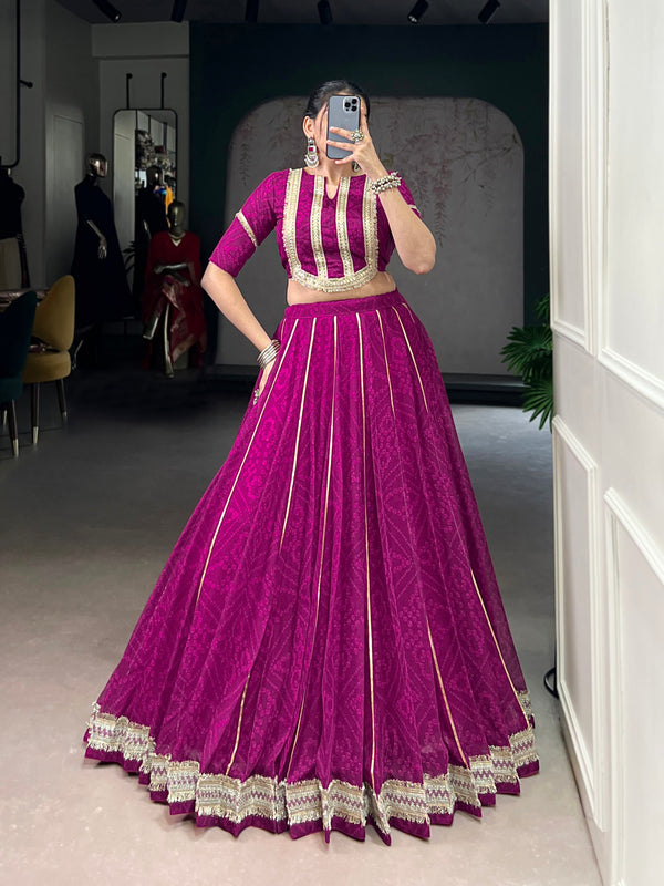 Wine Color Bandhej Print With Lace Touch Up Chiffon Chaniya Choli