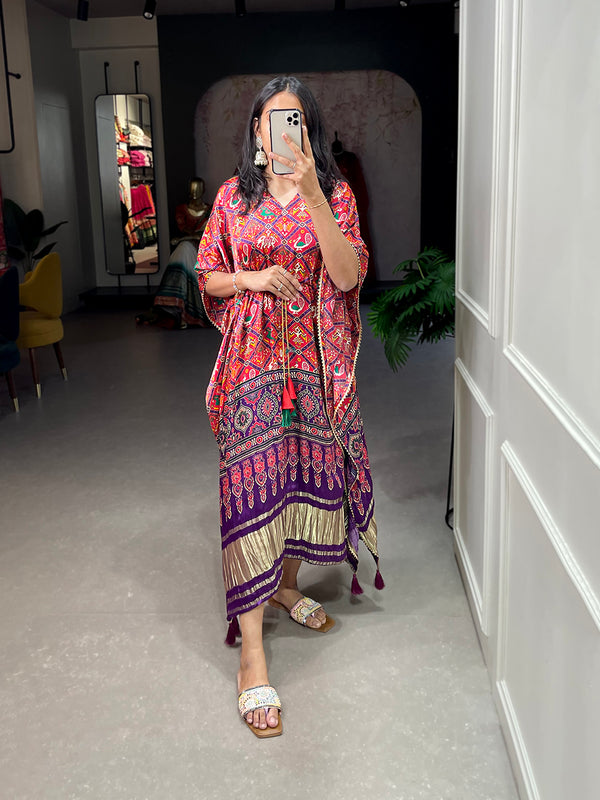 Wine Color Patola Printed Gaji Silk Kaftan