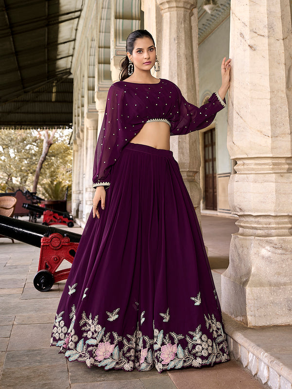 Wine Color Sequins And Thread Embroidery Work Georgette Co-ord Set Lehenga Choli