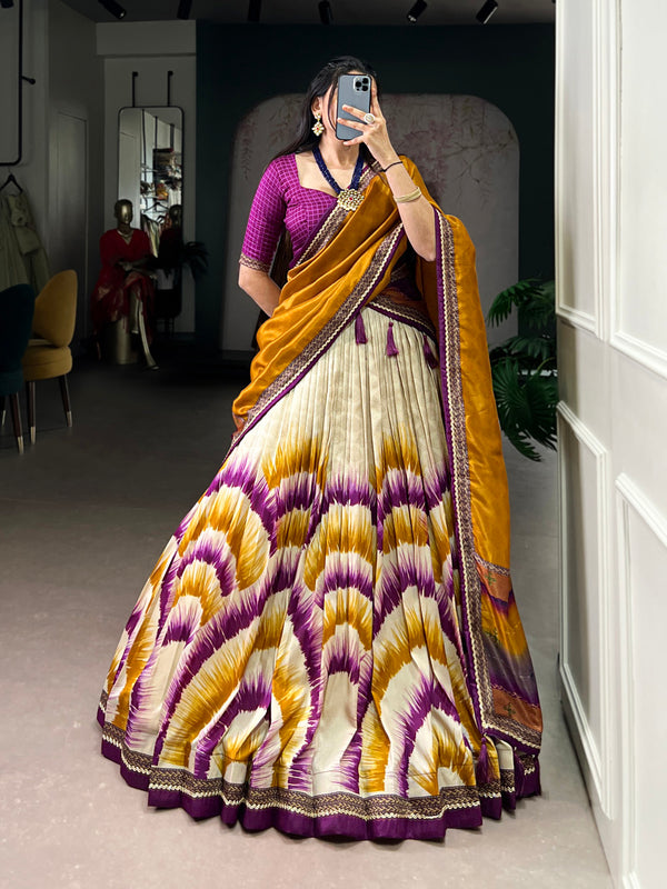 Wine Color Tie And Dye Printed Tasar Silk Lehenga Choli