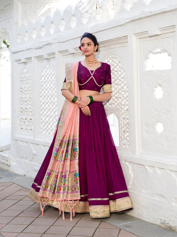 Wine Color Vichitra Silk Plain With Paithani Lace Border South Indian Lehenga Choli