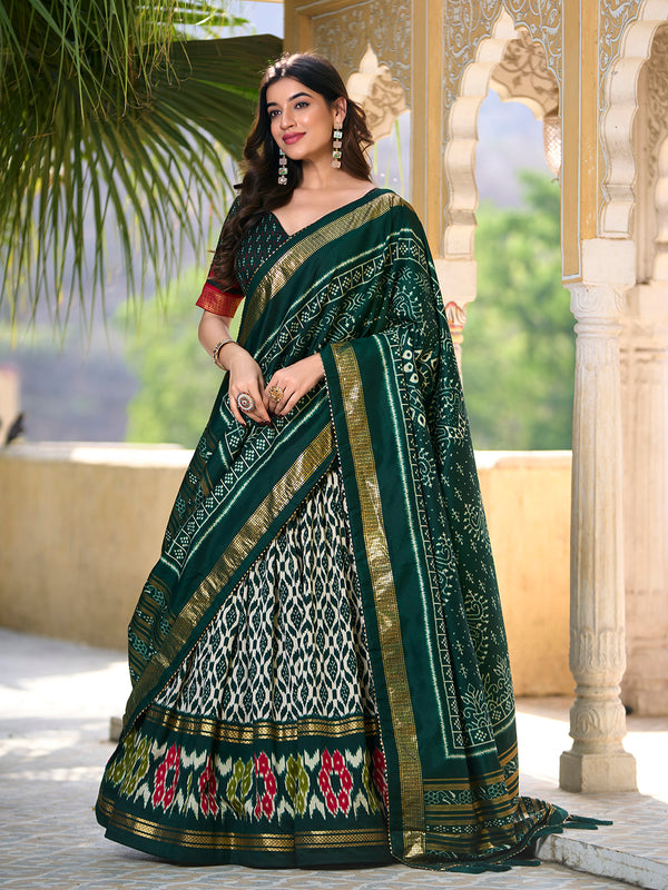 Green Color Ikkat Print With Foil Work Tussar Silk Lehenga Choli