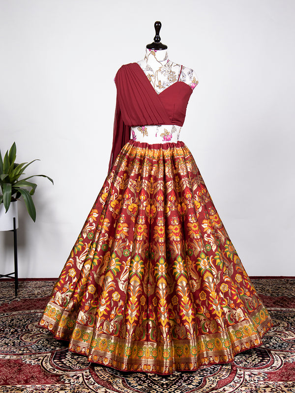 Maroon Color Zari Weaving Work Banarasi Silk Lehenga Choli