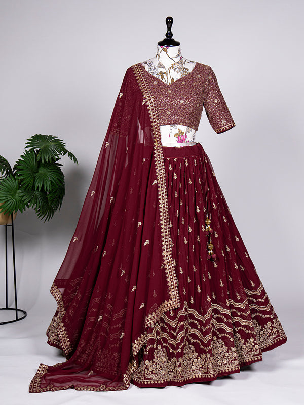 Maroon Color Sequins And Embroidery Thread Work Georgette Lehenga Choli
