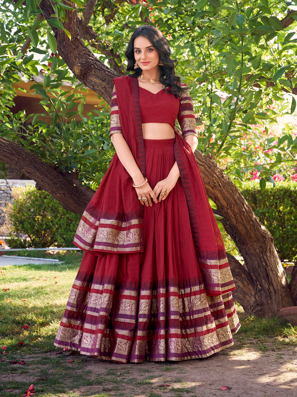 Red Color Plain With Zari Weaving Work Chanderi Silk Lehenga Choli