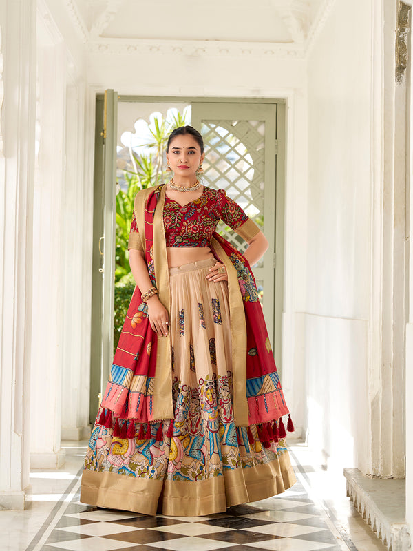 Cream Color Kalamkari Print With Weaving Border Dola Silk Lehenga Choli