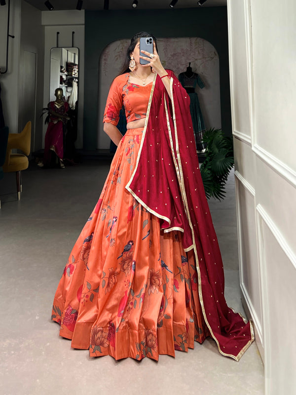 Peach Color Printed With Tussar Silk Lehenga Choli