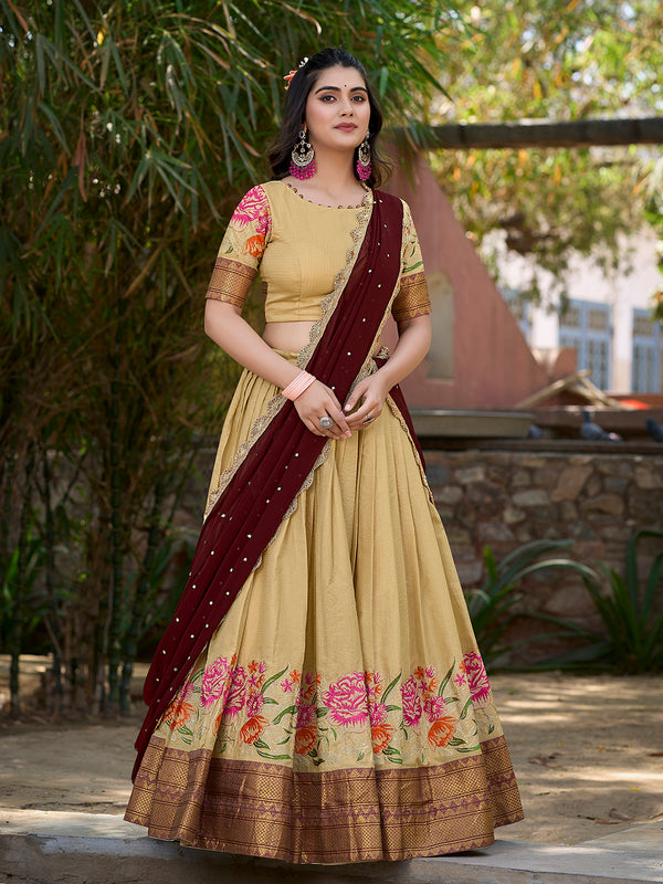 Cream Color Thread Embroidery Work Cotton Silk Lehenga Choli