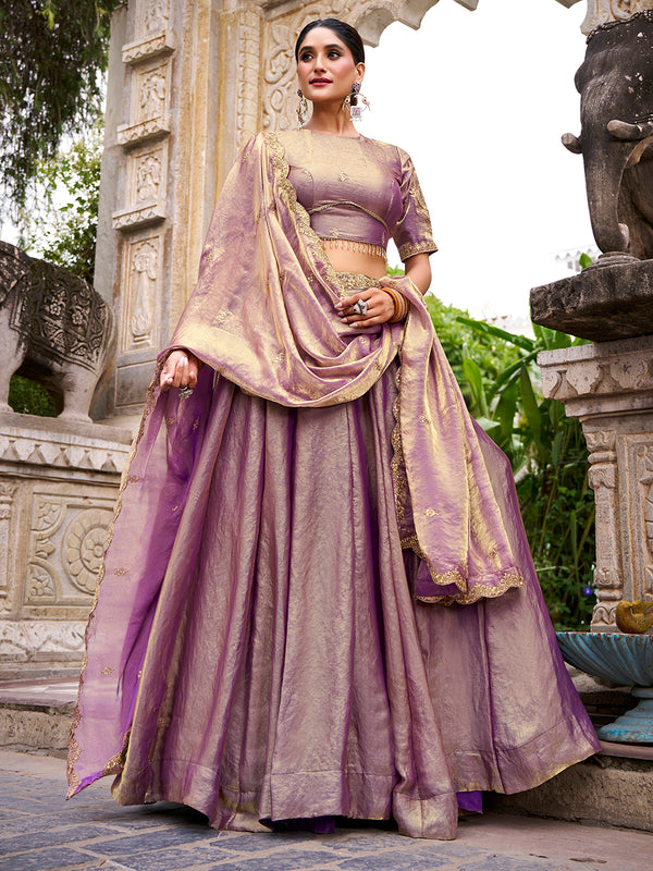 Lavender Color Sequins And Thread Embroidery Work Belt Fendi Lehenga Choli