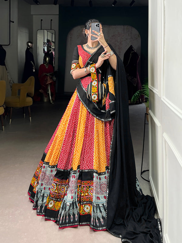 Yellow Color Bandhej And Ajarakh Printed Rayon Chaniya Choli