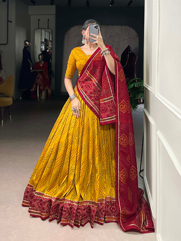 Yellow Color Bandhej Print With Gotta Patti Lace Tasar Silk Lehenga Choli