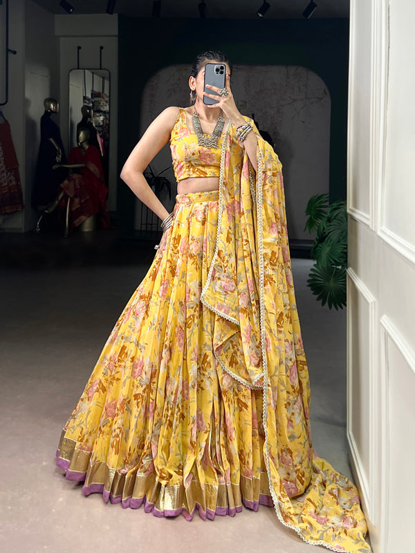 Yellow Color Floral And Foil Print With Embossed Design Ghaghra choli