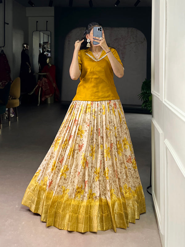 Yellow Color Floral Print With Zari Weaving Work Dola Chex Co-Ord Set