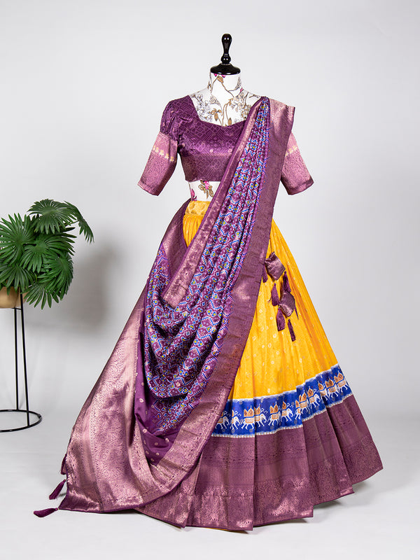 Yellow Color Weaving Work With Digital Print Jacquard Silk Half Saree Lehenga Choli