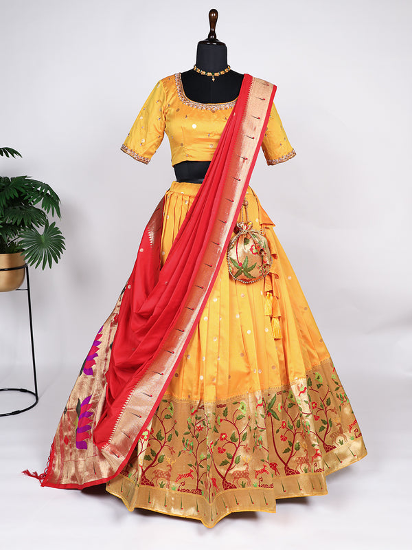 Yellow Color Zari Weaving Work Jacquard Silk Lehnga Choli
