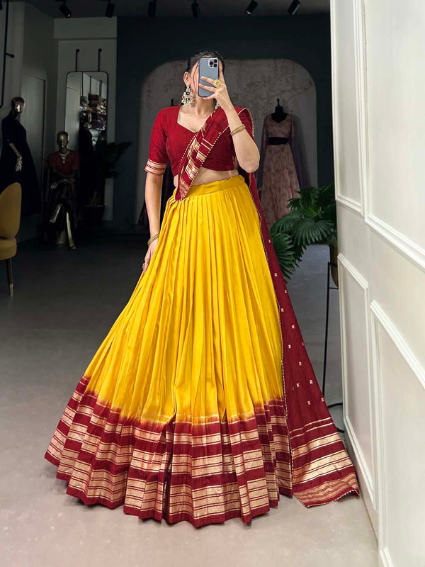 Yellow Color Plain With Zari Weaving Work border Pure Chanderi Lehenga Choli