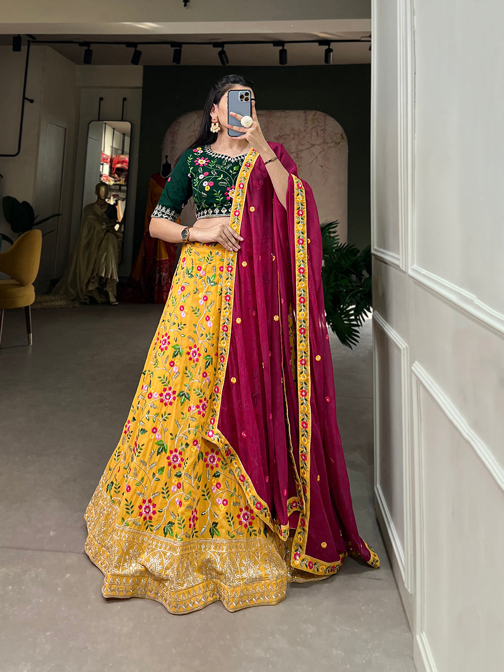 yellow color sequins and thread embroidery work georegtte lehenga choli by looknbook art