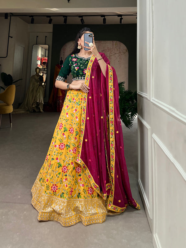 Yellow Color Sequins And Thread Embroidery Work Georgette Lehenga Choli