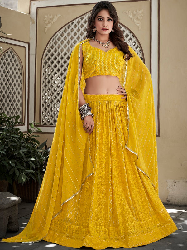 Yellow Color Lucknowi Thread & Sequins Embroidery Work Georgette Lehenga Choli