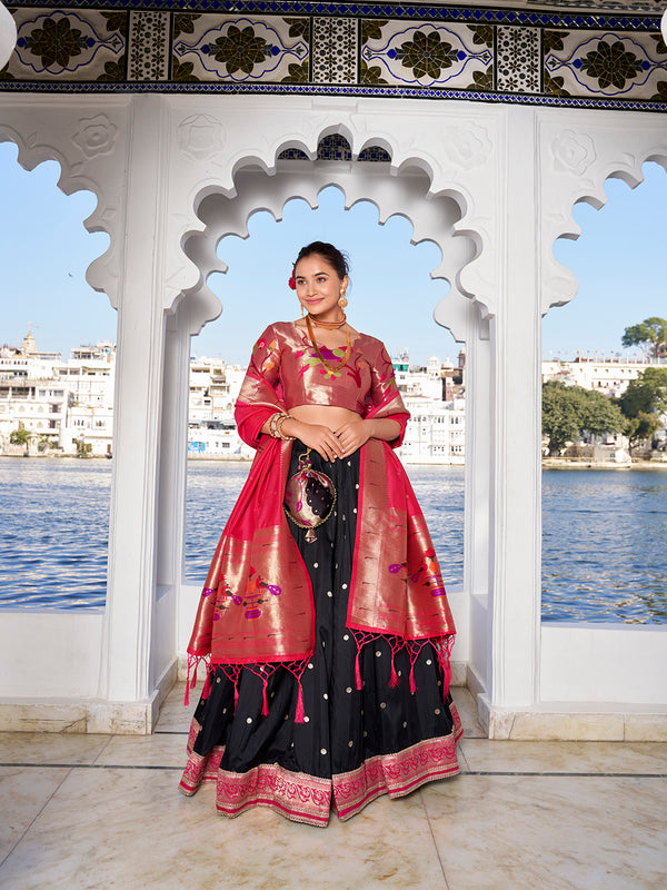 Black Color Weaving Zari Work With Jacquard Silk (Paithani) Maharashtrian Lehenga Choli