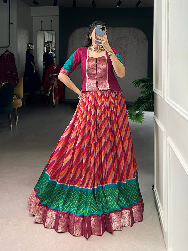 Red Color Leheriya Print With Zari Weaving Work Tasar Silk Co-Ord Set