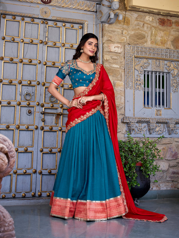 Teal Color Zari Weaving Work Lace Border Vichitra Silk Lehenga Choli