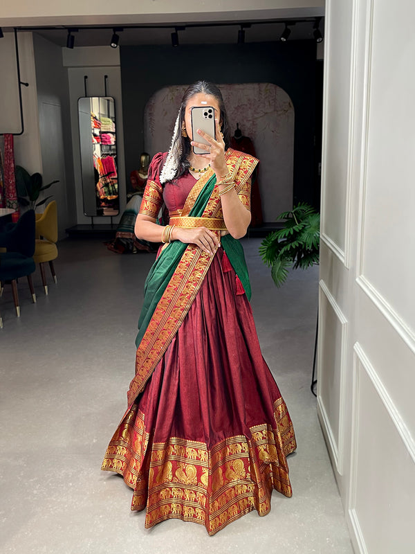 Maroon Color Zari Weaving Work Narayan Pet (Cotton) Pattu Lehenga Choli