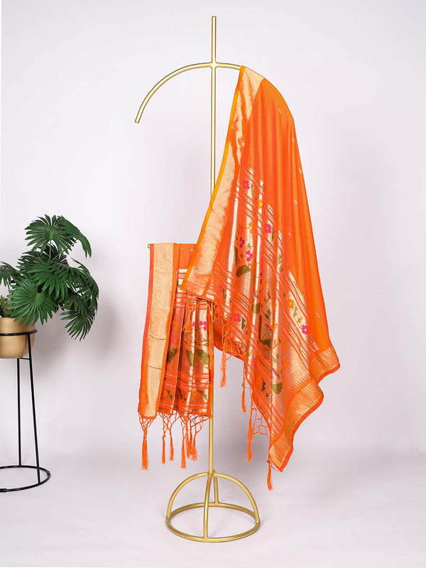 Orange Color Weaving Zari Work Jacquard Silk (Paithani) Dupatta