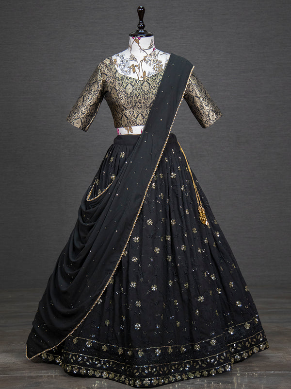 Black Color Sequins And Thread Embroidery Work Georgette Lehenga Choli Set