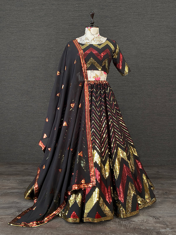 Black Color Sequins Embroidery Work Georgette Lehenga Choli With Lace Border Dupatta