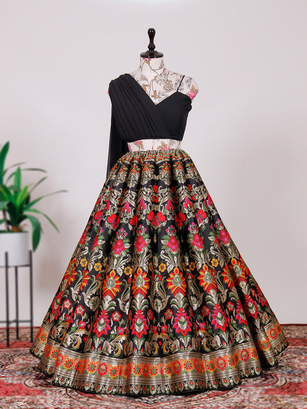 Black Color Weaving Zari Work Banarasi Silk Co-ord Set Lehenga With Georgette Choli